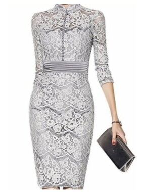 NWT- METISU- PLUS SIZE GRAY HOLLOW Lace Midi Dress with High Neck